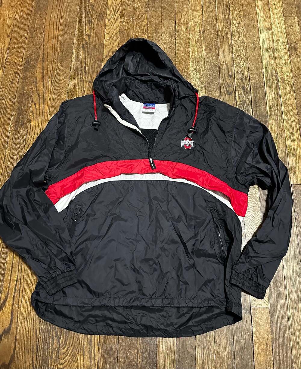 Vintage Champion Ohio State Buckeyes Half-Zip Hooded Windbreaker Jacket Large